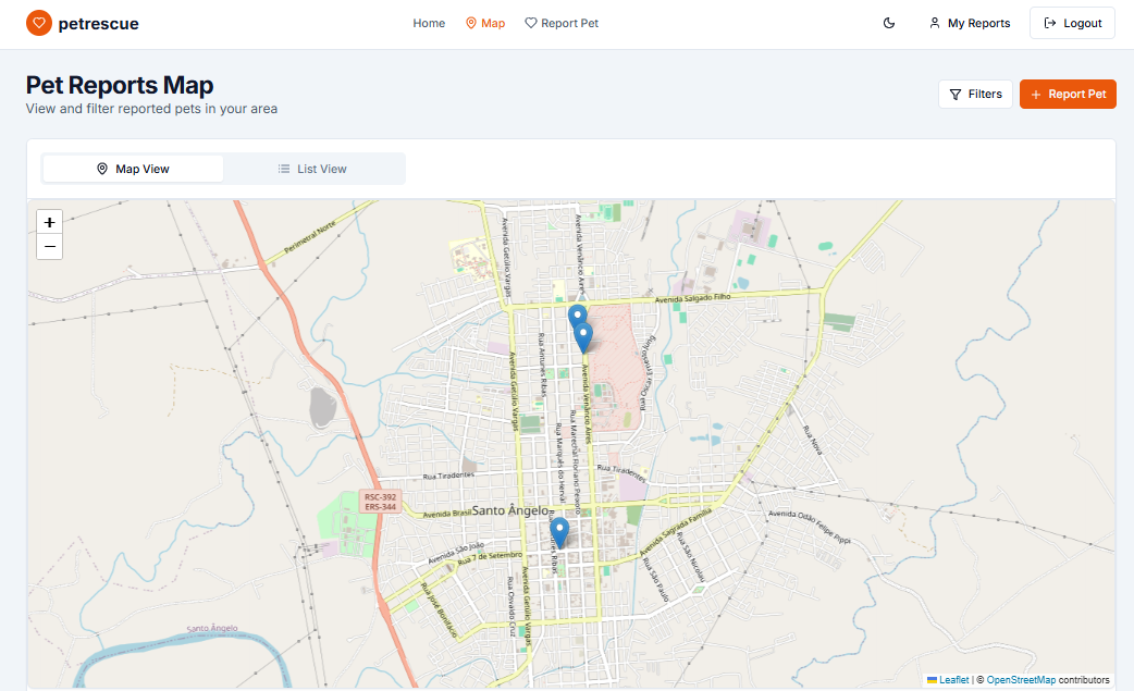 Mapa com relatórios de animais